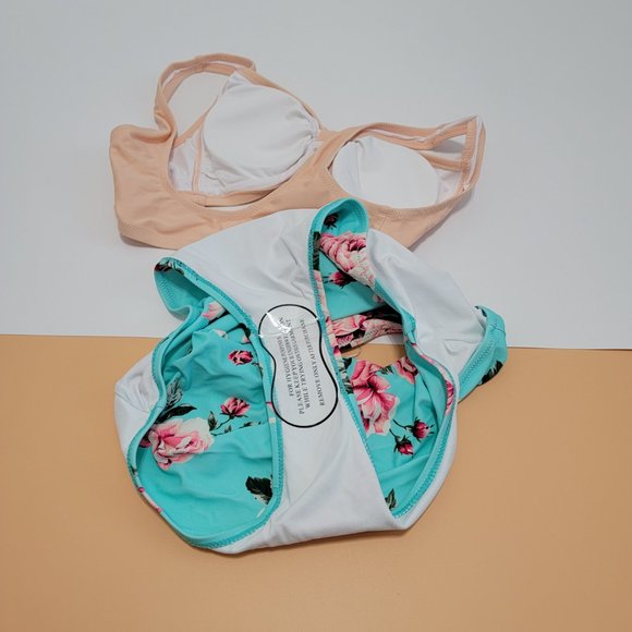 CUPSHE Women's Floral Halter High Waisted Peach and Tiffany Blue Bikini size S - Picture 11 of 12